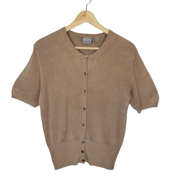 17 North Women's Latte Brown 100% Silk Button Up Short Sleeve Sweater Medium - Picture 1 of 6